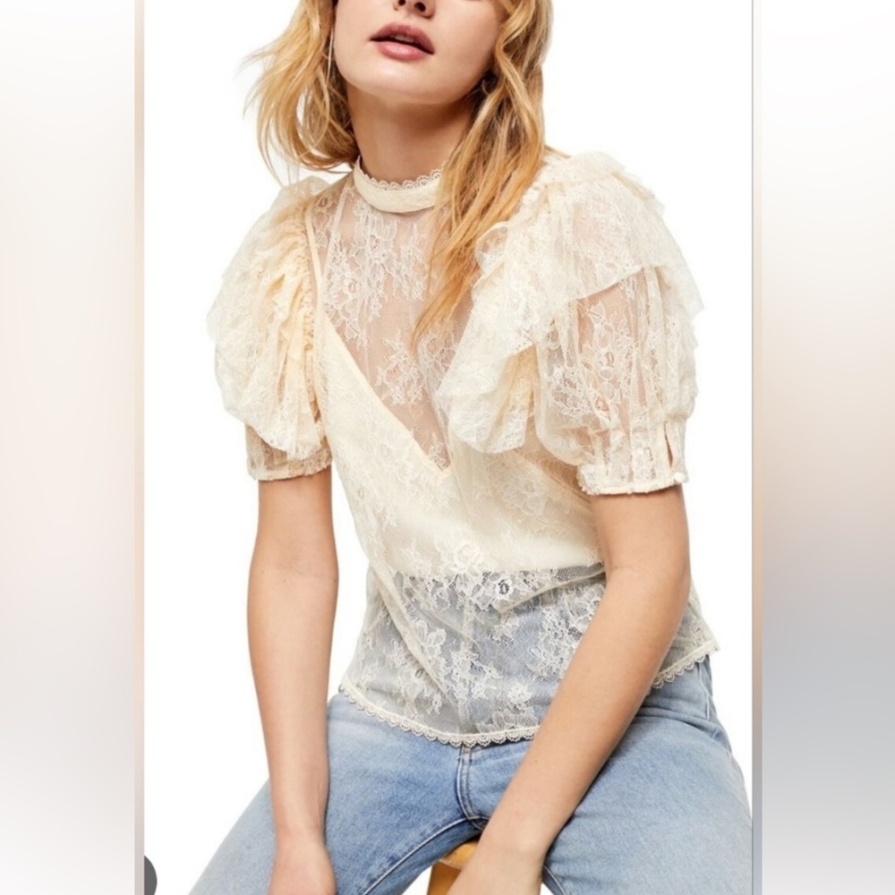 NWT Free Peoplee Ruffled Lace Top with Ruffles and Button detailing